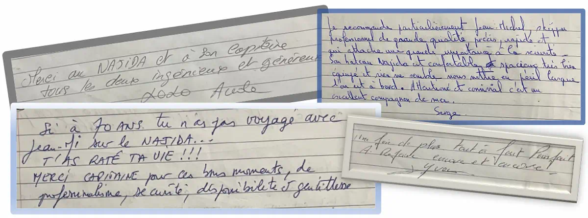 Extraits d’avis clients manuscrits après une croisière en voilier avec Najida en Grèce