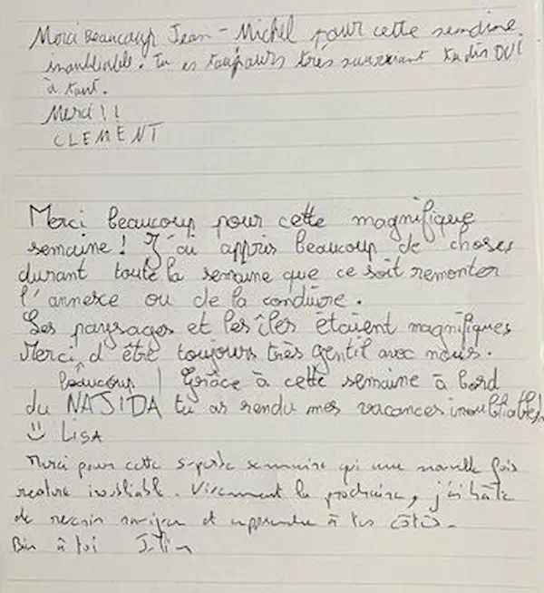 Témoignage manuscrit d’enfants après une croisière en voilier en Grèce avec skipper