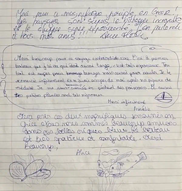 Message manuscrit d’une famille après une croisière en voilier avec skipper en Grèce