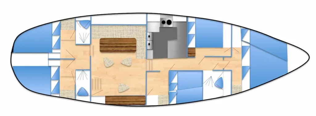 Plan d’aménagement du voilier Najida avec cabines, carré et cuisine